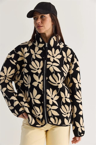 Mevese Desenli Dik Yaka Cepli Biyeli Kadın Polar Sweatshirt- Siyah-krem
