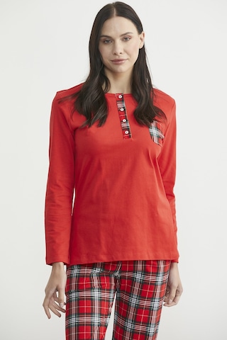 Düz Kombinli Ekose Pamuk Pijama Takım - Kırmızı Kırmızı