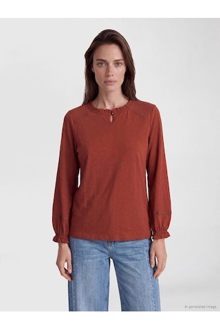 LC Waikiki Lcw Grace Turuncu Fırfırlı Bisiklet Yaka Nakışlı Bluz Burnt Orange