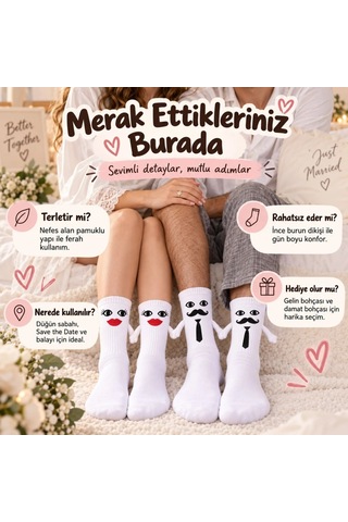 Womanandkids Wak Mıknatıslı Gelin Damat Çorabı 2 Çift El Ele Tutuşan Düğün Çeyiz Bohça Eğlenceli Set Beyaz