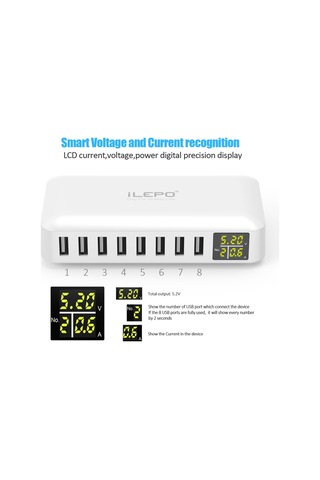 Yuntech01 8 Port Usb Şarj Aleti 40w 8a Lcd Ekranlı Akıllı Hızlı Şarj Cihazı 1.2m Kablolu Mini Avrupa Standartı