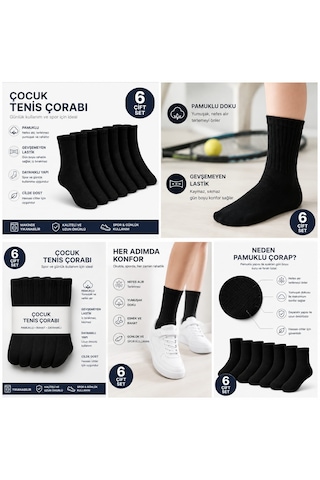 Km Collections Çocuk Tenis Çorabı 6 Çift Pamuklu Siyah