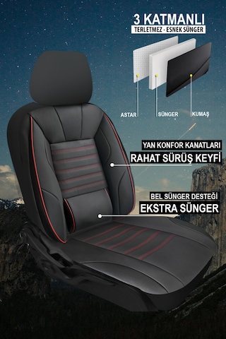 Stone Üniversal Deri Oto Koltuk Kılıfı - Bel Destekli - 5 Koltuk Tam Set Kırmızı