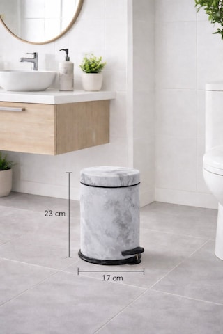 Beyaz Mermer Desenli 2'li Banyo Seti - Metal Çöp Kovası 3 Lt Ve Wc Fırçası Takımı Beyaz