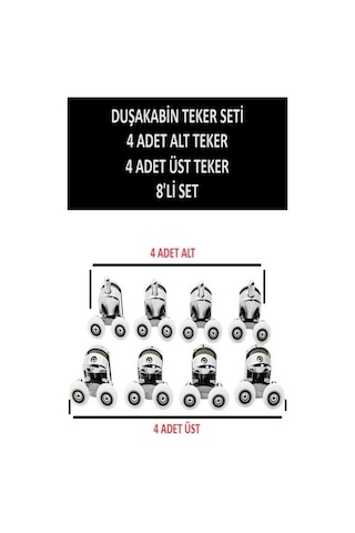 Teker 8 Li Set Duşakabin Tekerleği Alt Üst Cam Kabin Rulman Makara 24 Mm Krom Beyaz - Şeffaf
