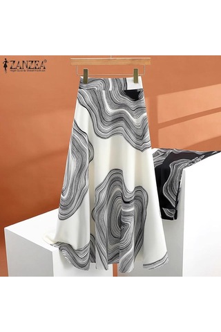 Zanzea Kadın Rahat Elastik Bel Yaz Baskılı Uzun Etekler Haki