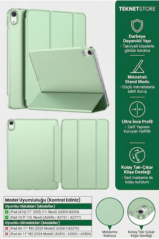 İpad 11. Nesil A16 Ve 10. Nesil 10.9" Uyumlu Kılıf A3355 A2696 Ultra İnce Standlı Kapak Açık Yeşil Kapaklı Kılıf