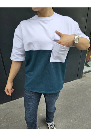 Novalisse Erkek Kısa Kol Yazlık Tişört Torba Cepli Parçalı T-shirt - Lacivert Çoklu Renk