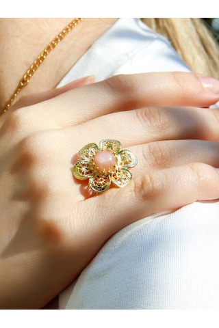 Esha Store Doğal Taş Pembe Kuvars Doğal Taşlı Çiçek Model Telkari Kadın Ayarlanabilir Altın Kaplama Yüzük Euy59 Pembe