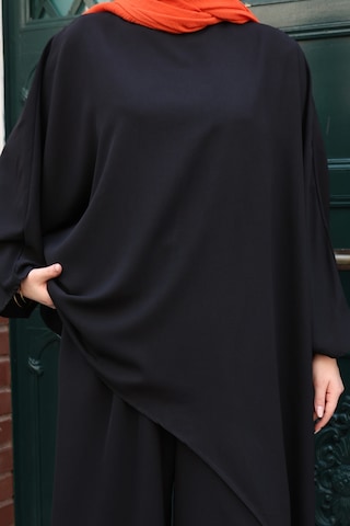 Balenbi Kadın Linda Kumaş Asimetrik Tunik Bol Paça Pantolon Oversize Tesettür Takım 1231 Siyah