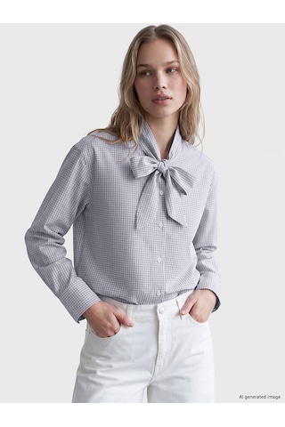 Lcw Vision Mavi Fular Yaka Ekose Oversize Kadın Gömlek