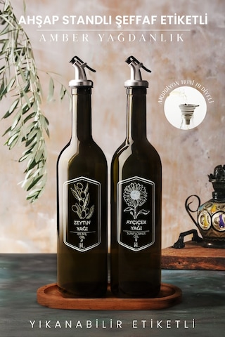 Kitchen Life 4 Parça Hunili Ahşap Standlı Amber 2'li 750 Ml Zeytinyağı Yağ Şişesi Ahşap Altlıklı Cam Yağlık Seti