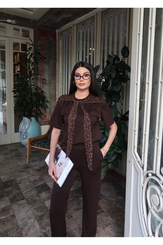 Kechi Woman Oysho Kumaş Leopar Detay Bağlamalı Takım Kahverengi