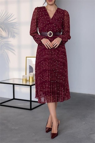 Neşeli Butik Kadın Kemerli Puantiye Desenli Şifon Elbise Nbmy3286 Bordo