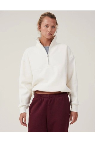 Etiler Collection Oversize Yarım Farmuarlı Yakalı Basic Sweatshirt - Beyaz