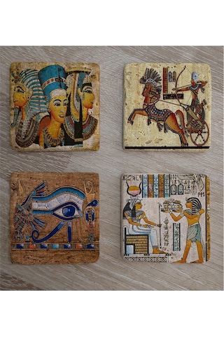 Hathor Ra'nın Gözü Horus Ramses Ve Firavunlar Doğal Taş Bardak Altlığı 4'lü Set - Natural Stone Coasters - Taş Çok Renkli