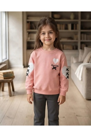 Roya Kız Çocuk Somon Sweatshirt Kalpli Detaylarla