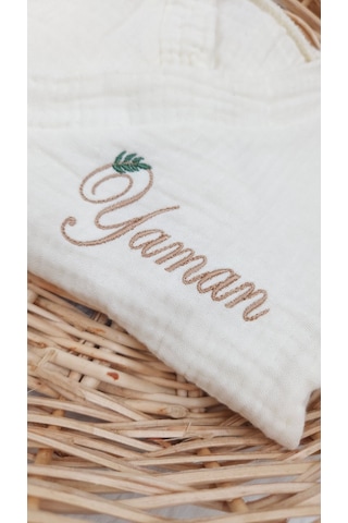 Gros Shop 4 Katlı Müslin 2'li Kimono Bağcıklı Tulum %100 Pamuk Organik Kişiye Özgü İsimli Nakış Desenli Ekru