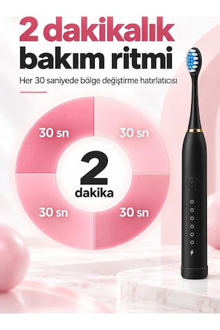 Exenar - Siyah - Şarjlı Elektrikli Diş Fırçası Dupont Yumuşak Kıllı 6 Mod 4 Yedek Başlıklı Ipx7 Su Geçirmez