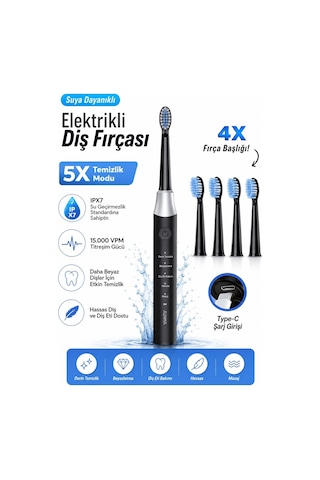 Robeve Auhma Amf13 Elektrikli Diş Fırçası 15.000 Vpm Sonic Titreşim 5 Temizlik Modu 4 Yedek Fırça Başlığı Type-c Şarj Ipx7 Suya Dayanıklı Şarjlı Diş Fırçası Siyah