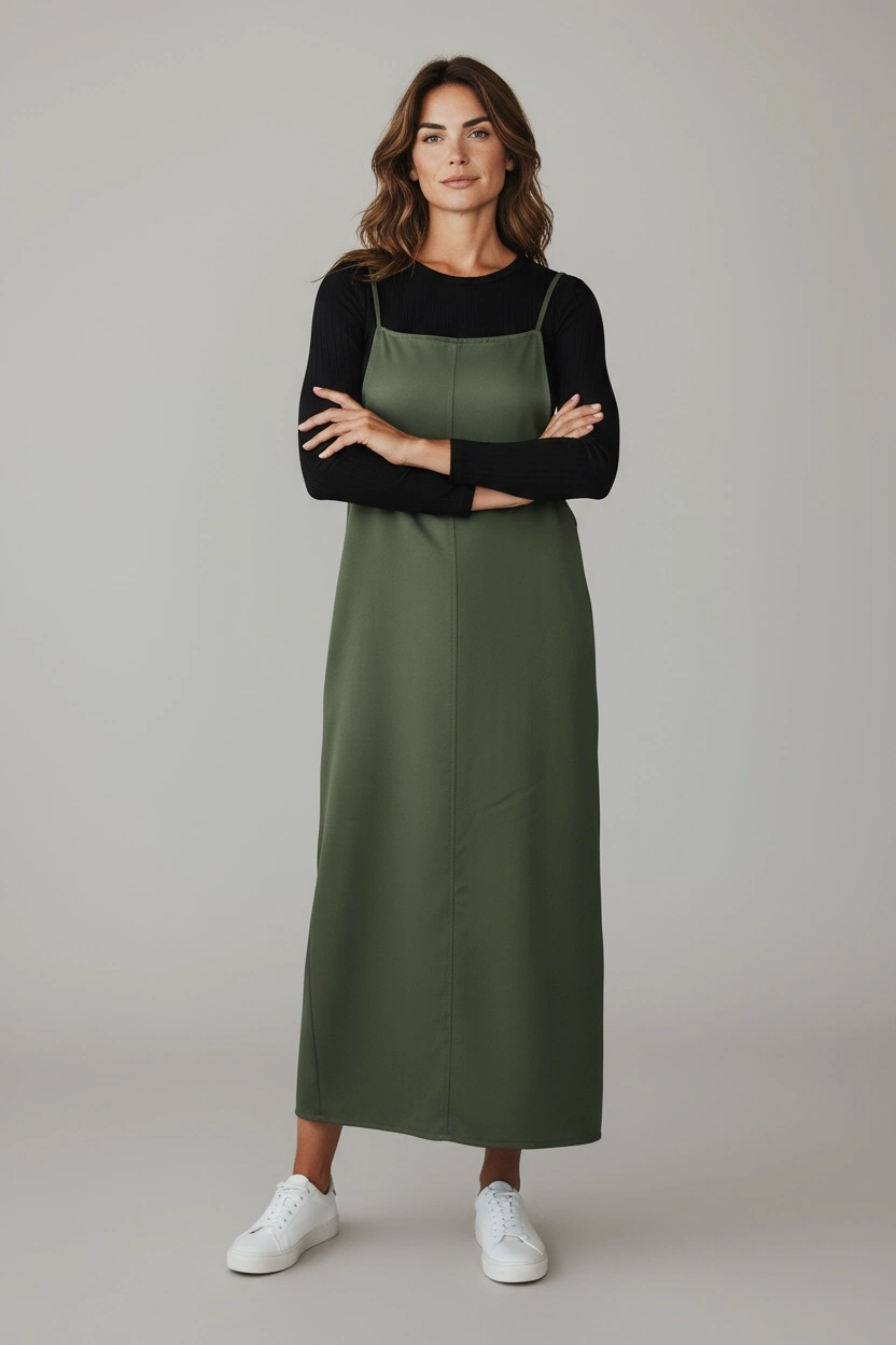 Kadın Ayarlanabilir İp Askılı Dabıl Kumaş Elbise Yeşil