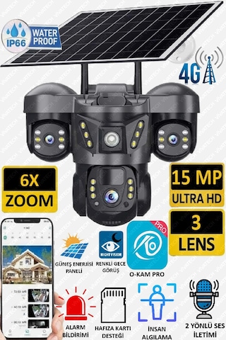 Ultimate 7070 Solar Güneş Enerjili İnsan Takibi 15mp 3 Lens 4g Akıllı Kamera Okam Pro Uygulama