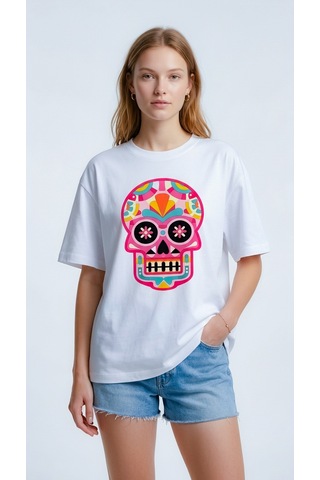 Hoxie Kadın Beyaz Renkli Meksika Kurukafası Calavera Baskılı Bisiklet Yaka Oversize Tişört