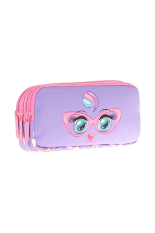 Kaukko Kids Üç Bölmeli Pembe Lila, Gözlüklü Kedi Baskılı, Kız Çocuk Okul Kalemliği - L8236 Pembe - Lila
