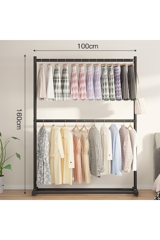 Vusıgn 2 Katlı Karbon Çelik Elbise Askısı Metal Kıyafet Askılığı 100x160 Cm Ahşap Rengi