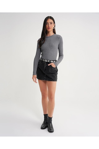 Mixray 6938 Kadın Bisiklet Yaka Fitilli Triko Body Gri