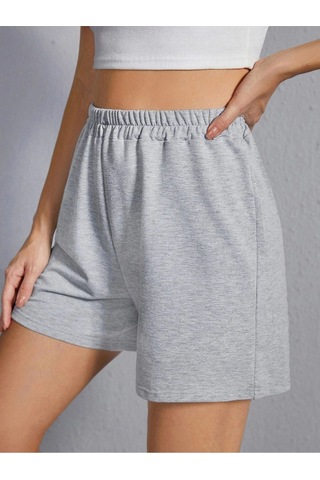 Penye Şort - Gri Basic Kısa Baskısız Kordonsuz Gri