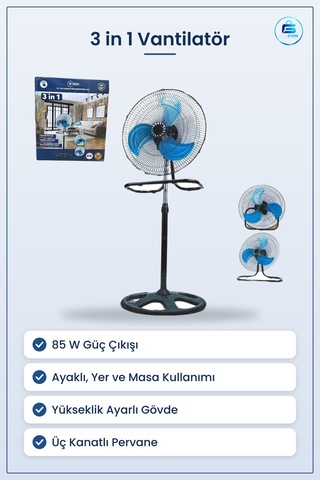 Vantilatör 3 İn 1 85 W Üç Kanatlı Ayaklı Yer Ve Masa Kullanımı Sa