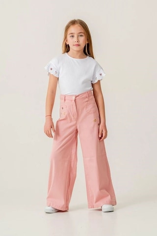 Magu Kız Çocuk Pamuklu Beyaz Fırfır Kollu T-shirt Pembe Nakışlı Bol Paça Pantolon Takım Çok Renkli