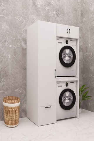 Mdf Çamaşır Makinesi Ve Kurutma Makinesi Dolabı Ütü Masalı Beyaz