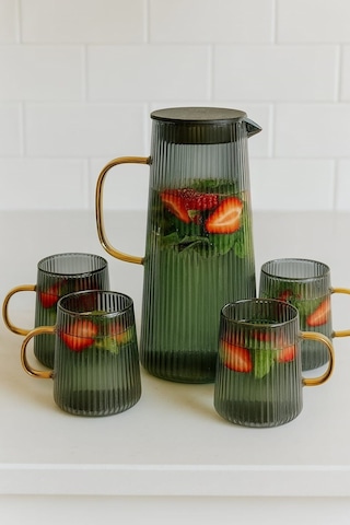 Borosilikat Cam Gold Saplı Sürahi 1300 Ml 4 Bardaklı
