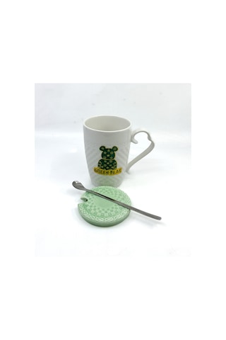 Porselen Kapaklı Yeşil Ayıcık Desenli Porselen Kupa Bardak Beyaz Yeşil