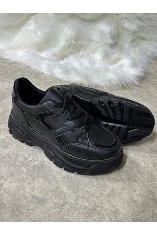 Günlük Kadın Sneaker Kalın Yüksek Taban Bağcıklı Rahat Tiger Şeritli Spor Ayakkabı 032 02 - Siyah Cilt