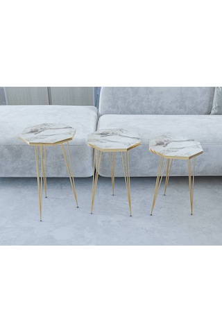 Zigon Sehpa 3'lü Sekizgen Takım Altın Tel Ayaklı Beyaz Mermer-Gold