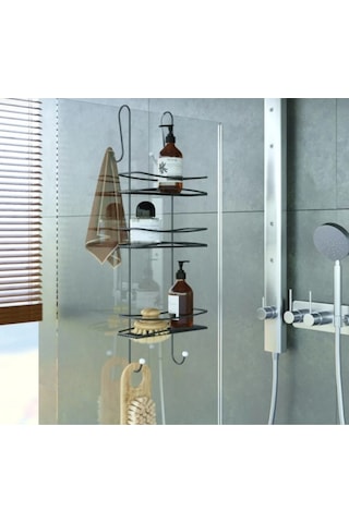 Paslanmaz Duşakabin Banyo Rafı Şampuanlık 3 Katlı Askılı Siyah Siyah