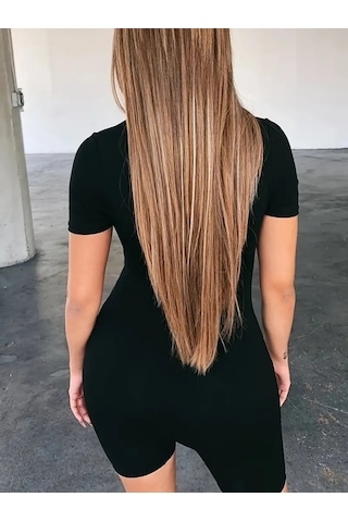 Kadın Kısa Kollu Önü Fermuarlı Bodycon Dalgıç Tulum Siyah