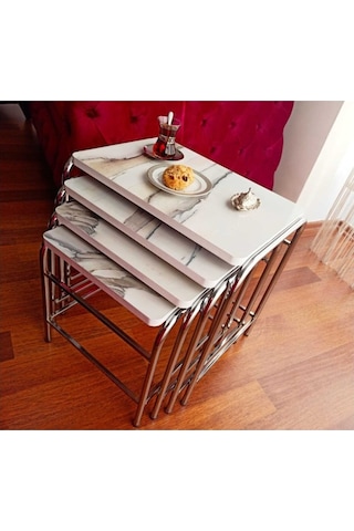 Zigon Sehpa Nikelaj Kaplama Metal Ayaklı Karışık Beyaz Mermer De