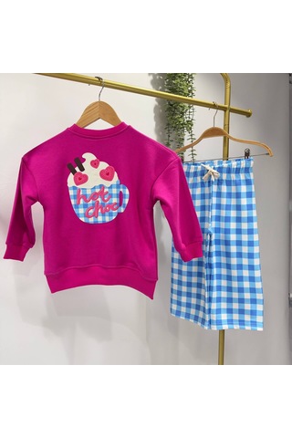 Hot Choc Baskılı Fuşya Sweatshirt Mavi Pötikare Eşofman Alt Üst Takım Süper Kalite Pembe