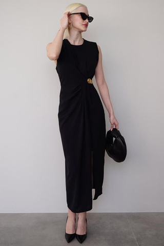 Madmext Siyah Bronşlu Midi Boy Kadın Elbise Mg2418 Siyah