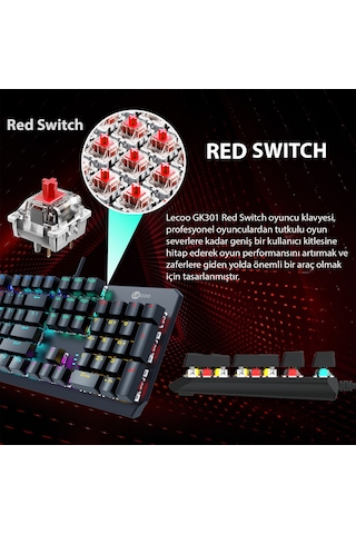 Lecoo GK301 USB Kablolu Red Switch Makrolu RGB Gaming Mekanik Türkçe Q Klavye Metalik Gri