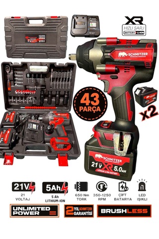 Schmıtzer Sch-9502k Pro 21v 15 Pilli Çift Akülü Kömürsüz Darbeli Vidalama 650 Nm Somun Sıkma Sökme Matkap