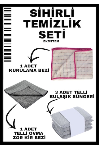 Ekostem Sihirli Temizlik Kurulama Bezi + Telli Ovma Kir Bezi + Telli Bulaşık Süngeri 3'lü