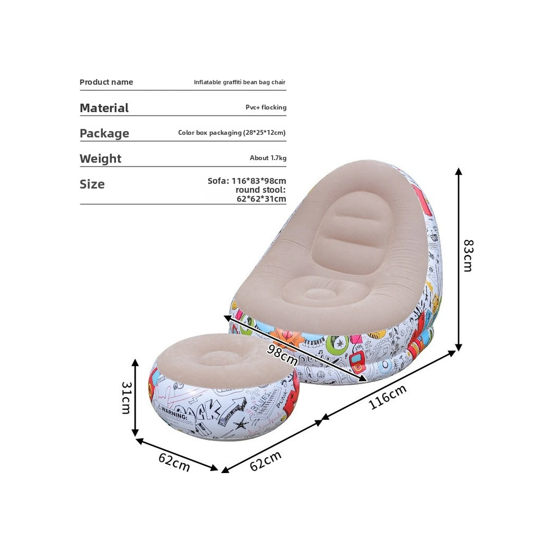 Şişme Lazım Koltuk Ayaklı Set Katlanır Peluş Pvc Salon Şezlong Seti Makaron Gri 116 98 83cm 1.8kg Gri