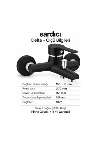 Sardıcı Delta Siyah Pirinç Banyo Bataryası Dirsek Rozet Dahil