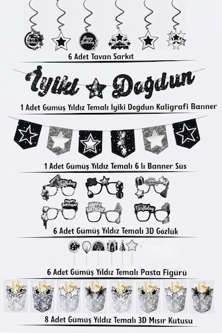 Gümüş Yıldız Temalı Doğum Günü Parti Seti İyi Ki Doğdun Banner, Tavan Sarkıt, Gözlük, Pasta Süsü Ve Mısır Kutusu
