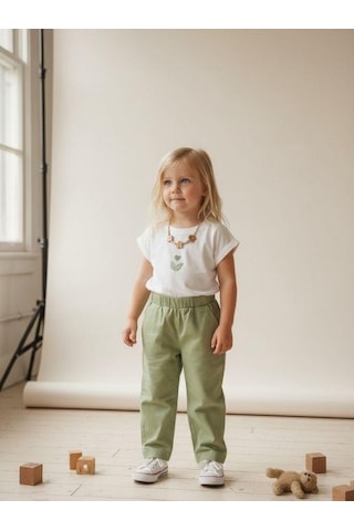 Zekids Kız Bebek Yumuşak Dokulu Beli Lastikli Pantolon-16946 Yeşil